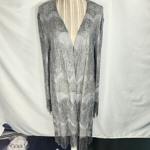 S.L. Fashions Grey Metallic Long Open Front Fringed Kimono Cardigan Size XL